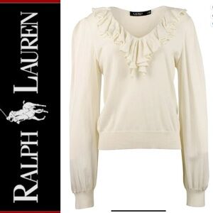 Lauren Ralph Lauren Ruffle V-Neck Pullover Sweater  Winter Cream Black Label 1X